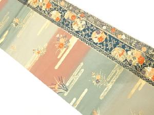 ヱ霞に草花模様織り出し　開き名古屋帯（額縁仕立て）